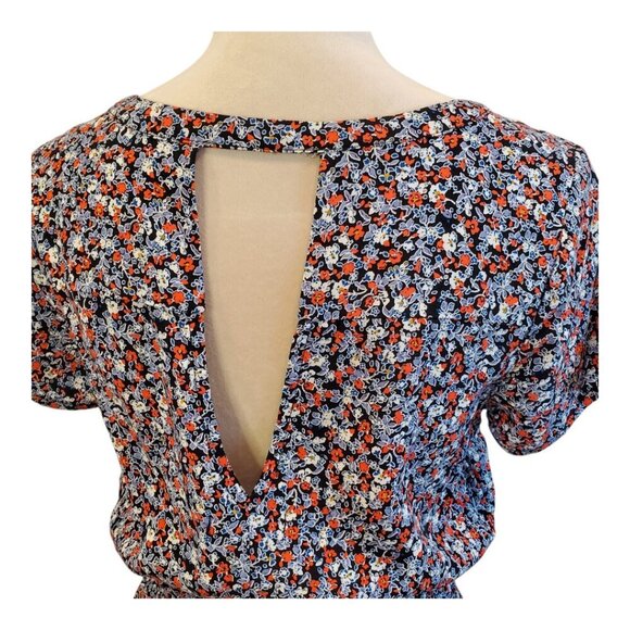 NWT GAP SZ S Short Sleeve V-Neck, Open Back Blue Multi-color Floral Rayon Dress - Picture 6 of 11